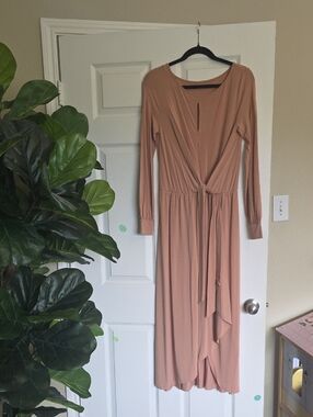 Long Sleeve Wrap-Style Midi Dress in Dusty Mauve